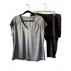 Ideology Striped V-Neck Top & Tangerine Black Skirted Leggings Set XL